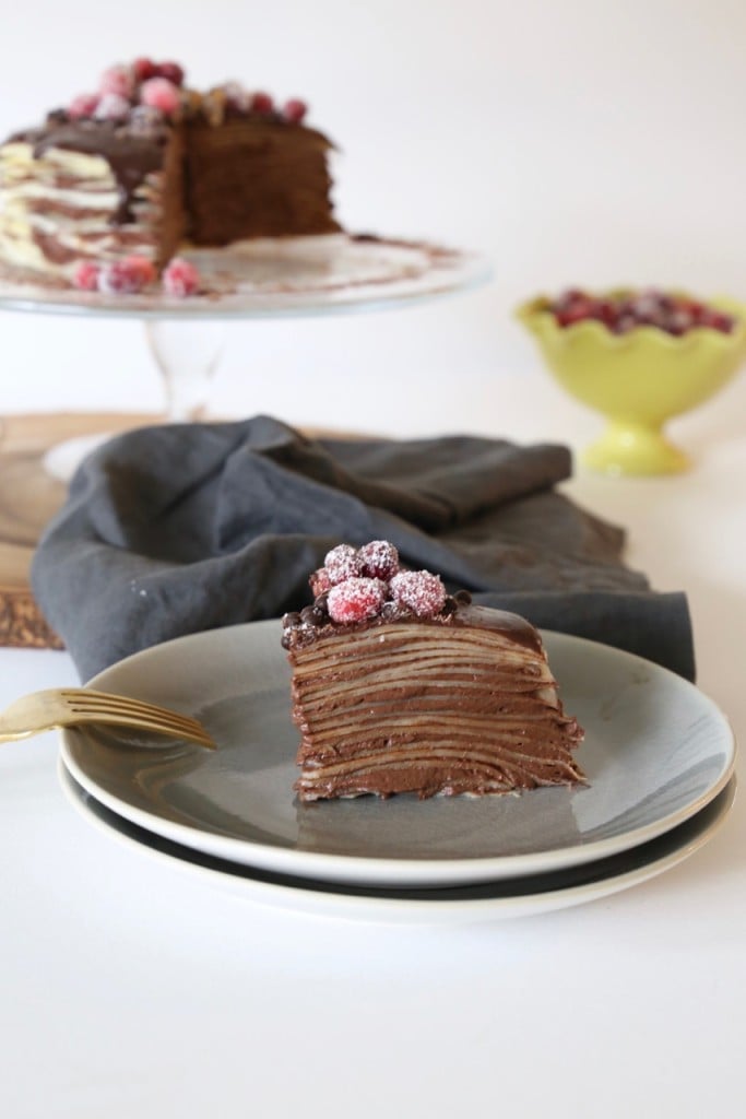 Chocolate Hazelnut Crepe Cake With Sugared Cranberries Joy Oliver