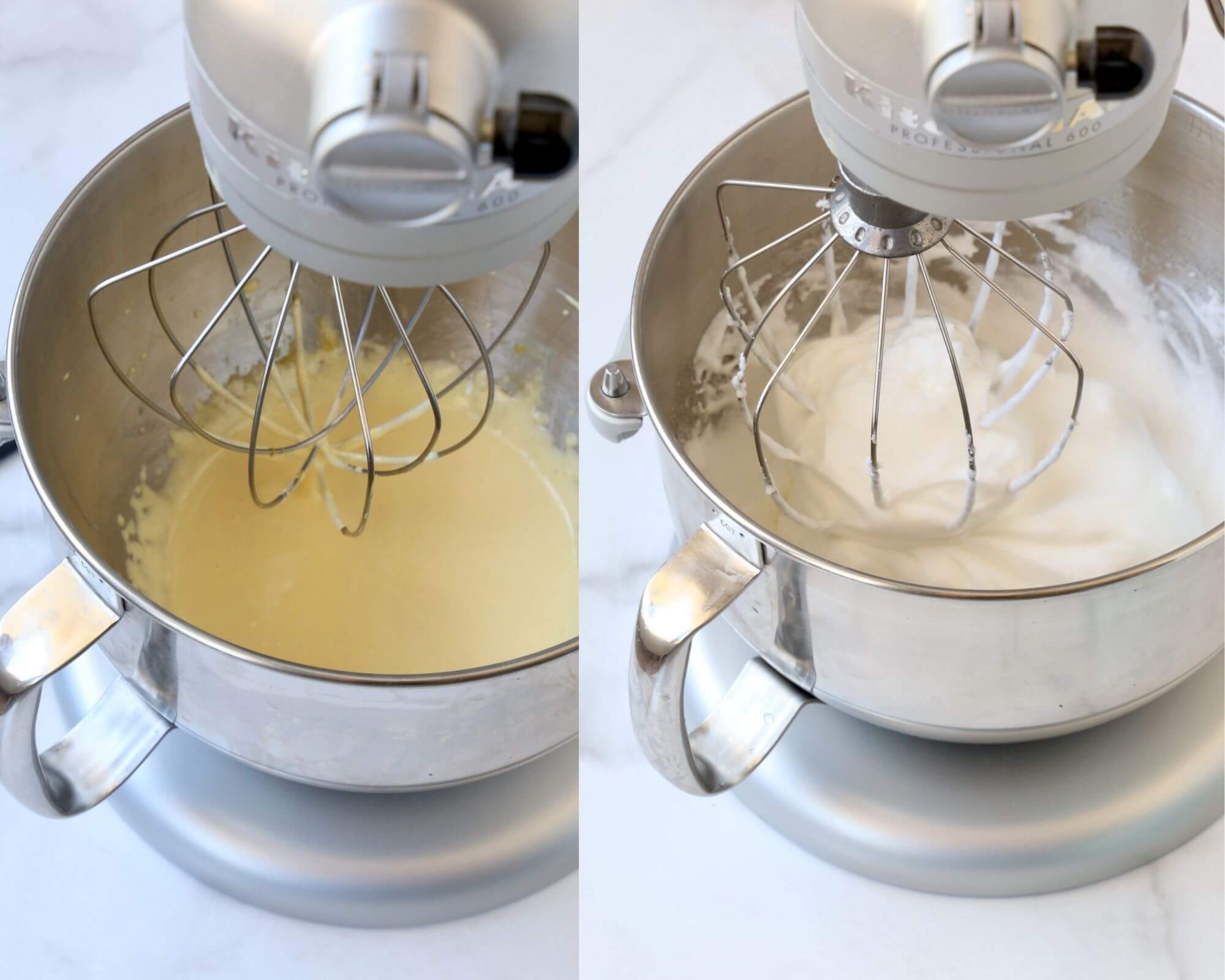two mixers side by side, one whisking egg yolks and sugar and one whisking egg whites and sugar 