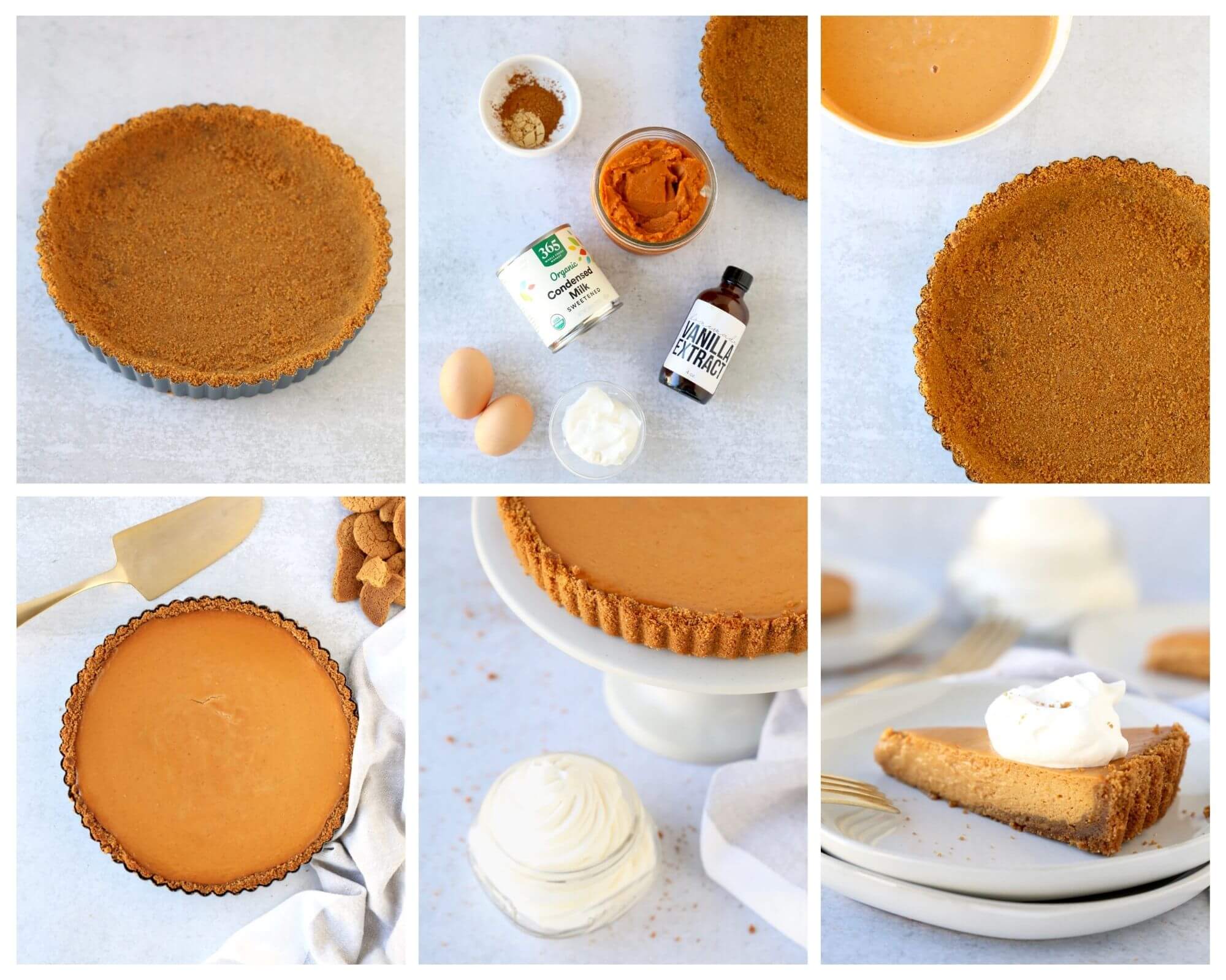 6 photos showing the step by step process of making the pumpkin gingersnap tart