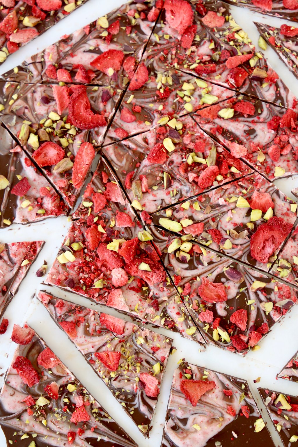 Strawberry pistachio bark cut into pieces