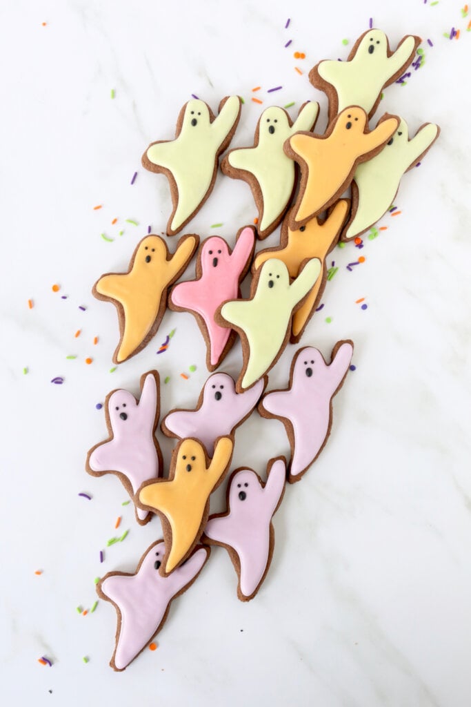 pink, orange, green and purple iced chocolate shortbread cookies