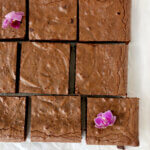 Nine chocolate brownie squares with purple flowers.
