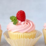 A vanilla cupcake with pink frosting and a fresh raspberry and mint on top.