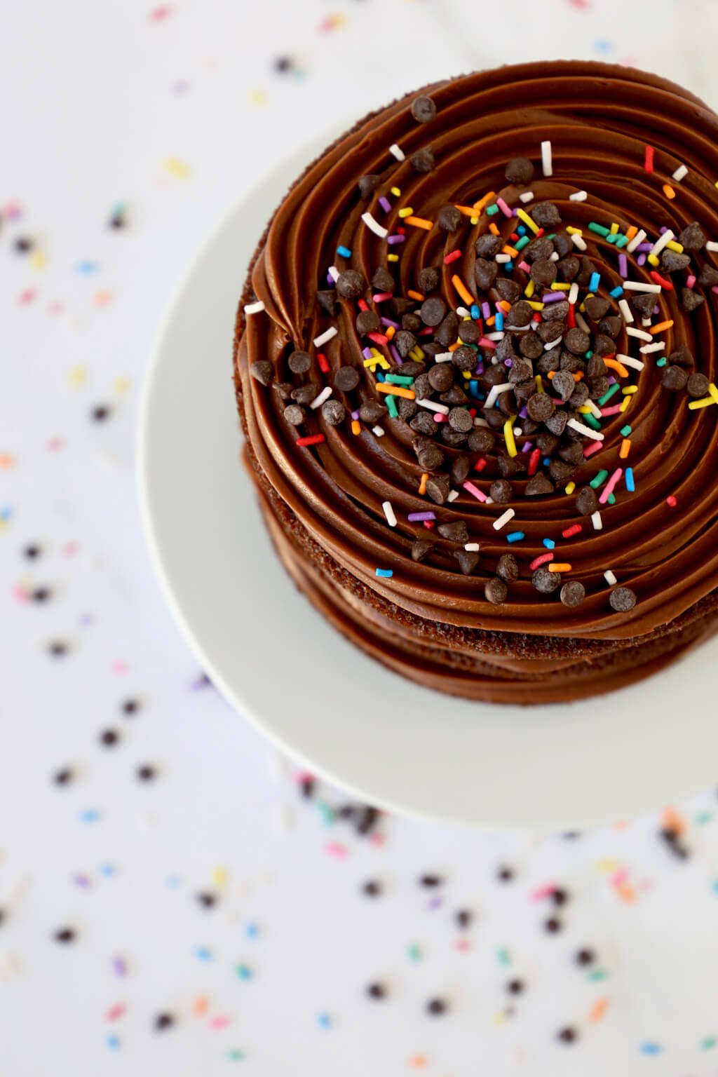 The top of the chocolate layer cake, with rainbow sprinkles and chocolate chips on top