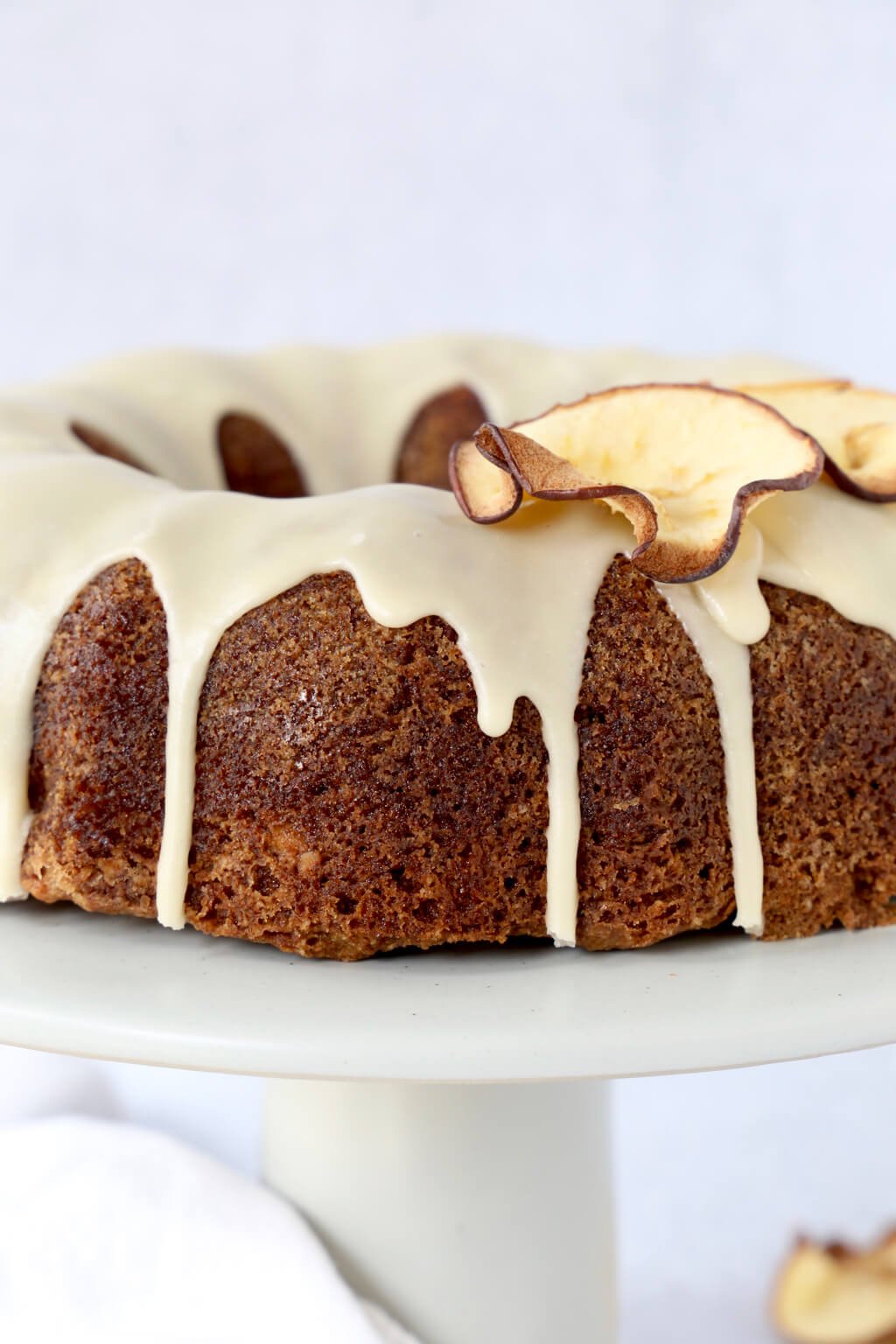 close up of apple spice bundt cake with dried apple slices