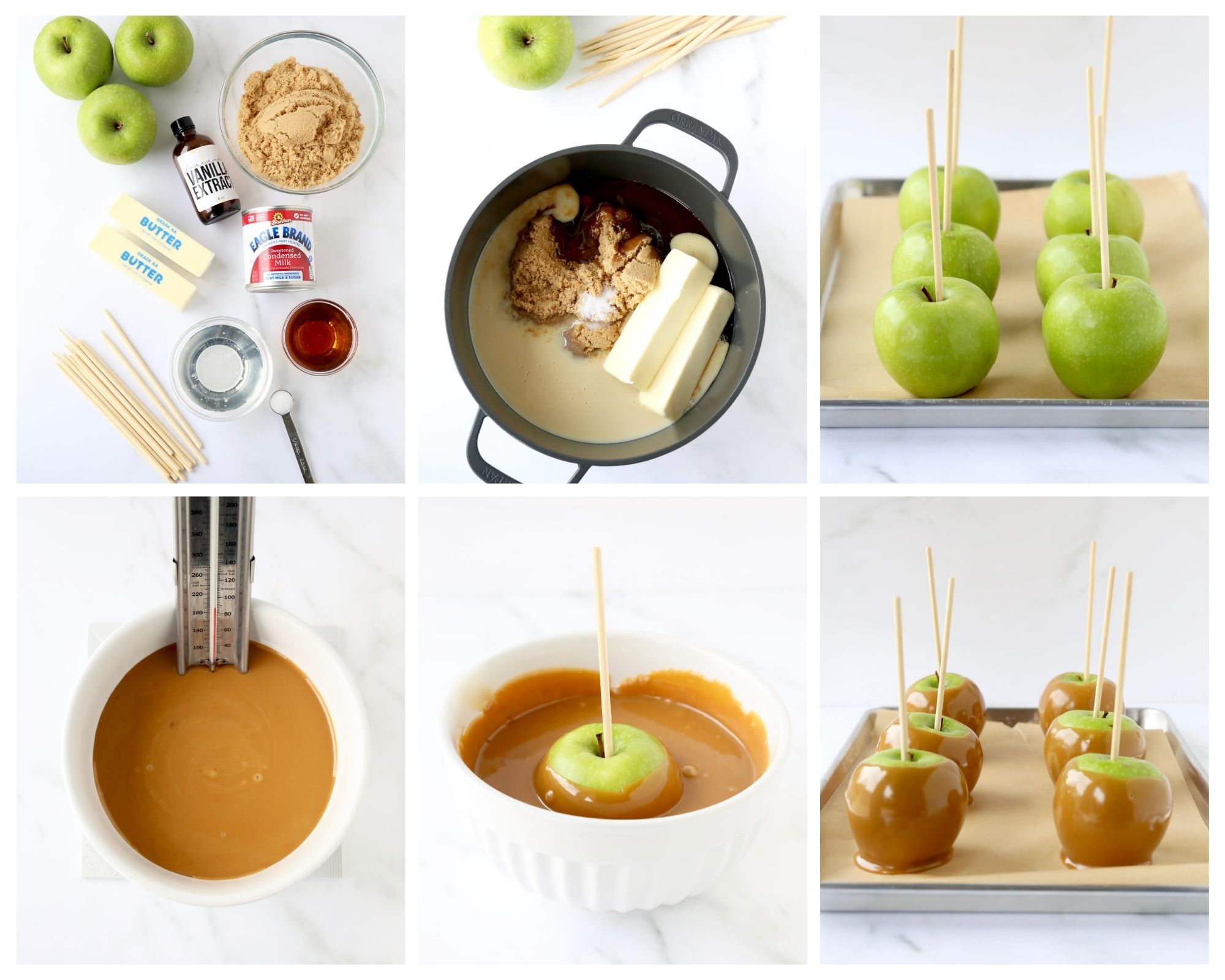 6 photos showing the step by step process of making caramel apples