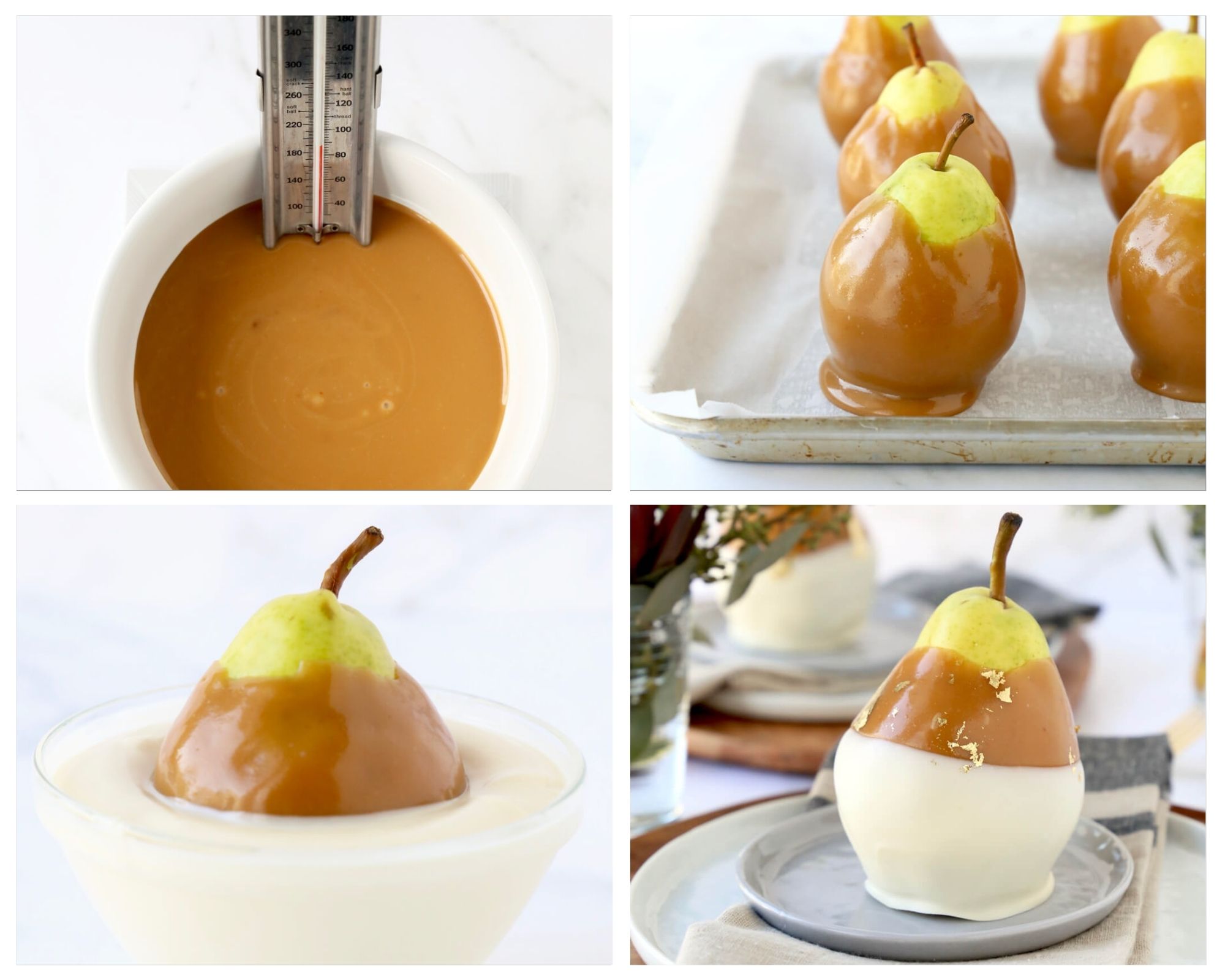 the process of dipping pears in caramel with the caramel sauce, pears dipped in caramel, pears dipped in white chocolate and pears on the table with pacesetting 