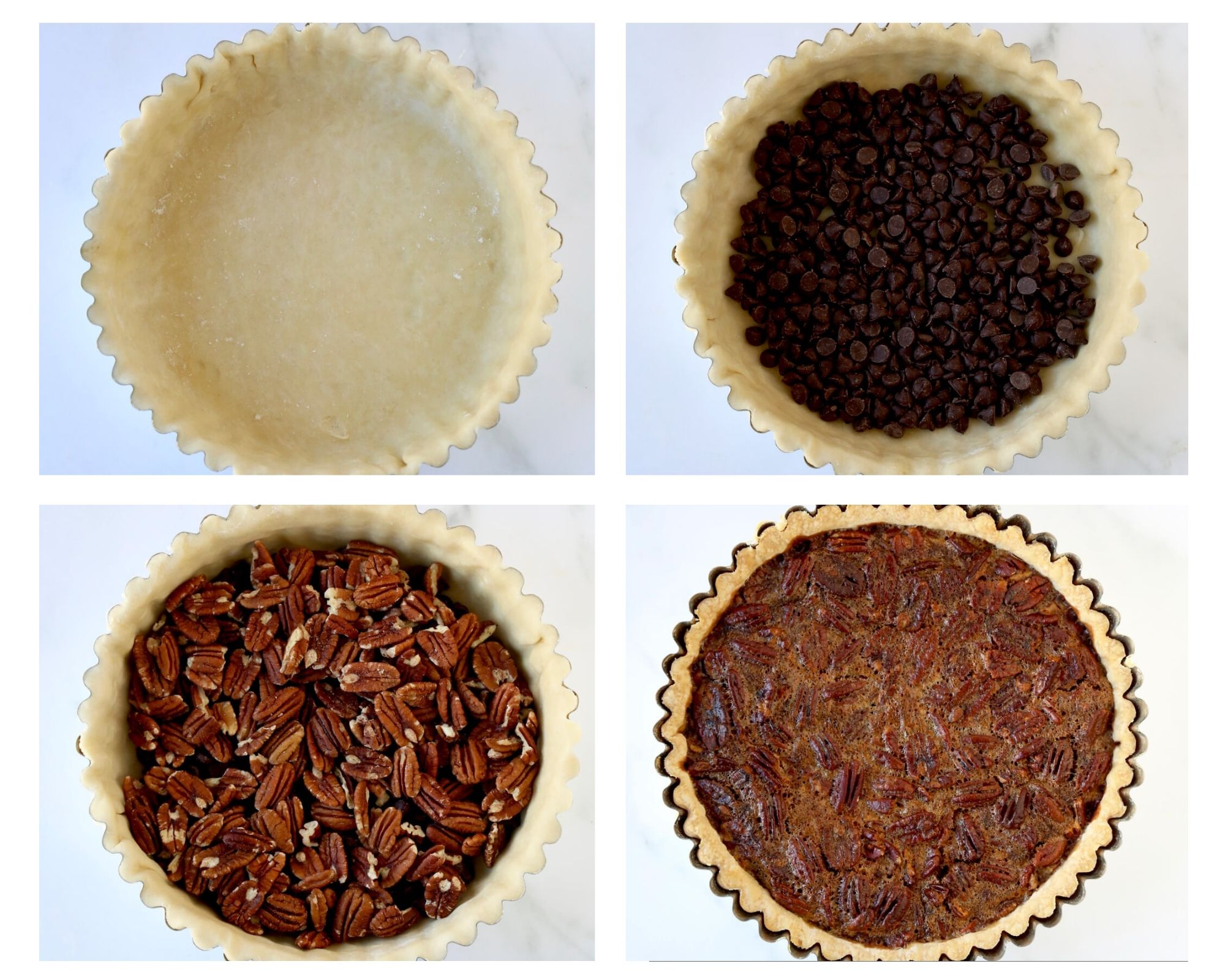 four images showing the process to make a pecan tart. First the crust in a tart shell, second the crust filled with chocolate chips, third the crust is filled with pecans and fourth the pecan tart is baked 