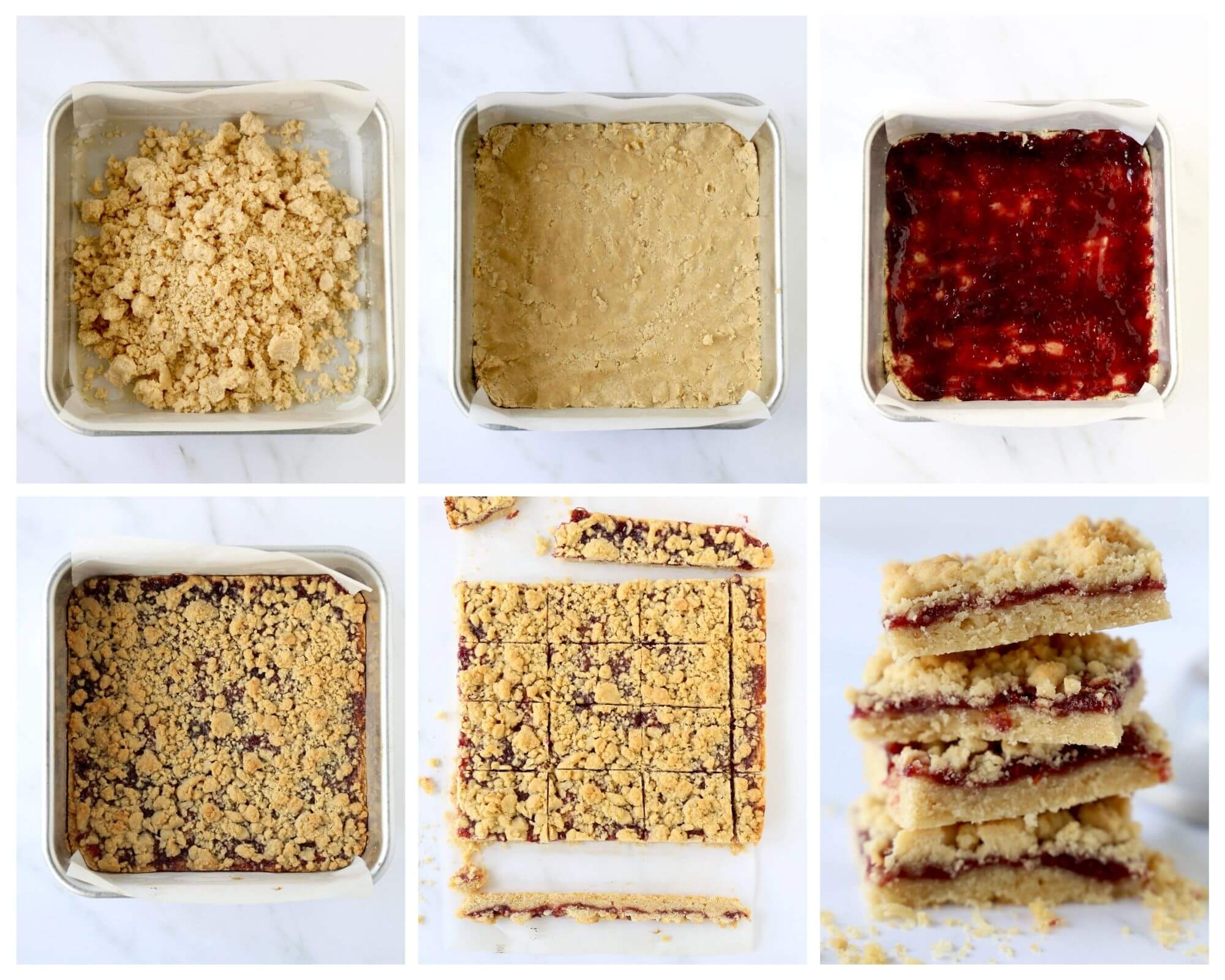 six squares showing the process of how to make jam shortbread bars 