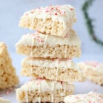 four rice krispie treats stacked high