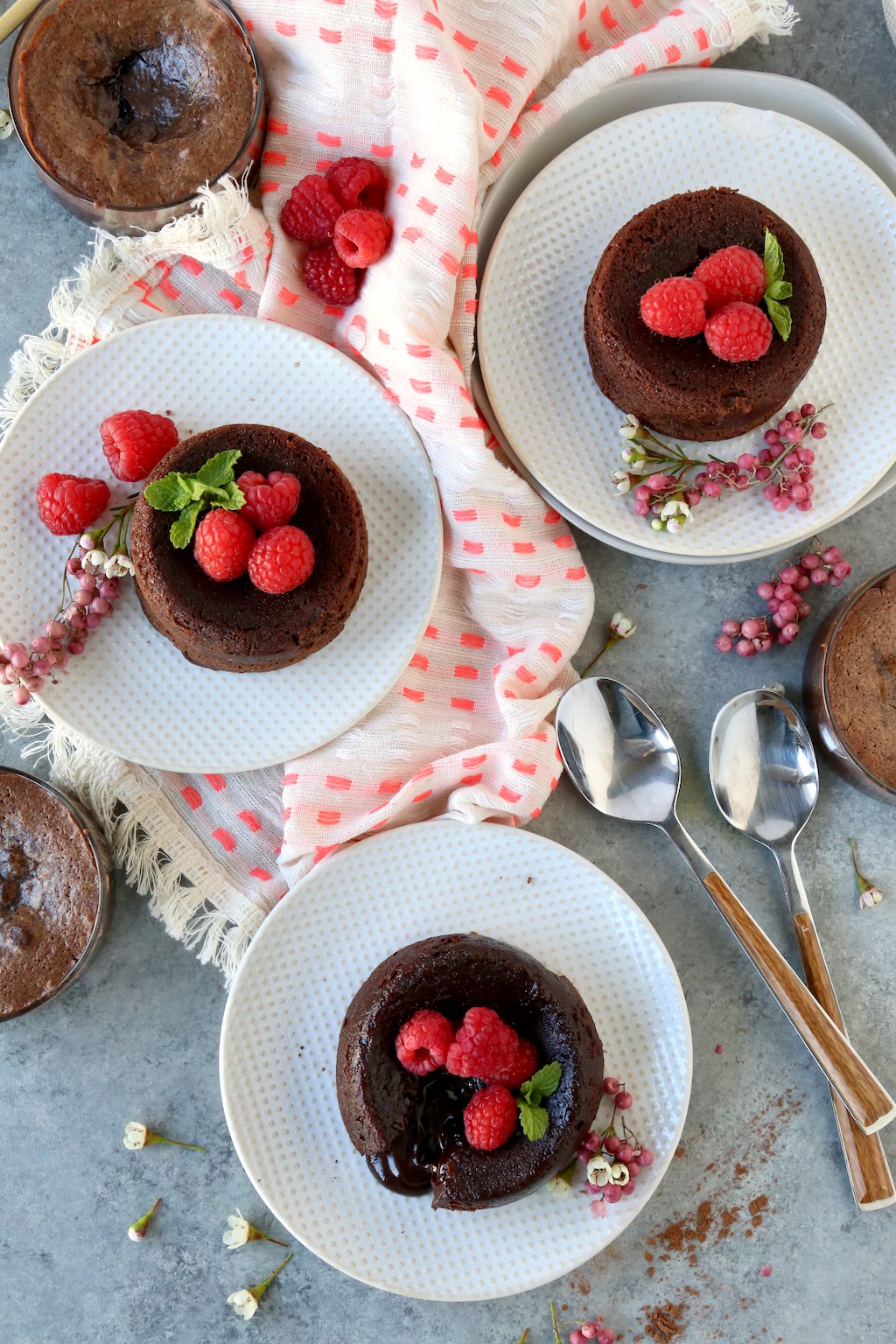three chocolate cakes on dessert plates garnished with raspberries