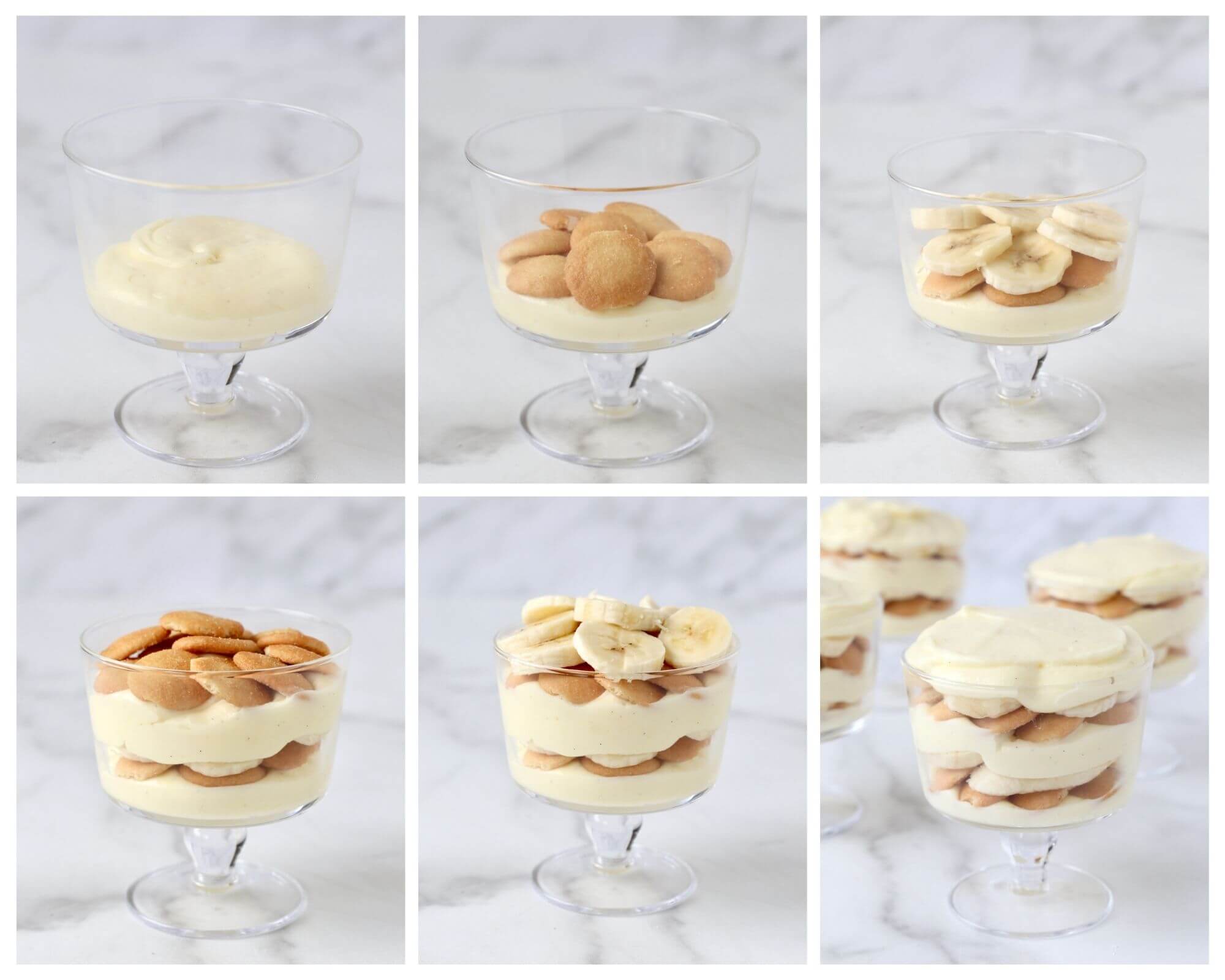 six images showing how to assemble the banana pudding 