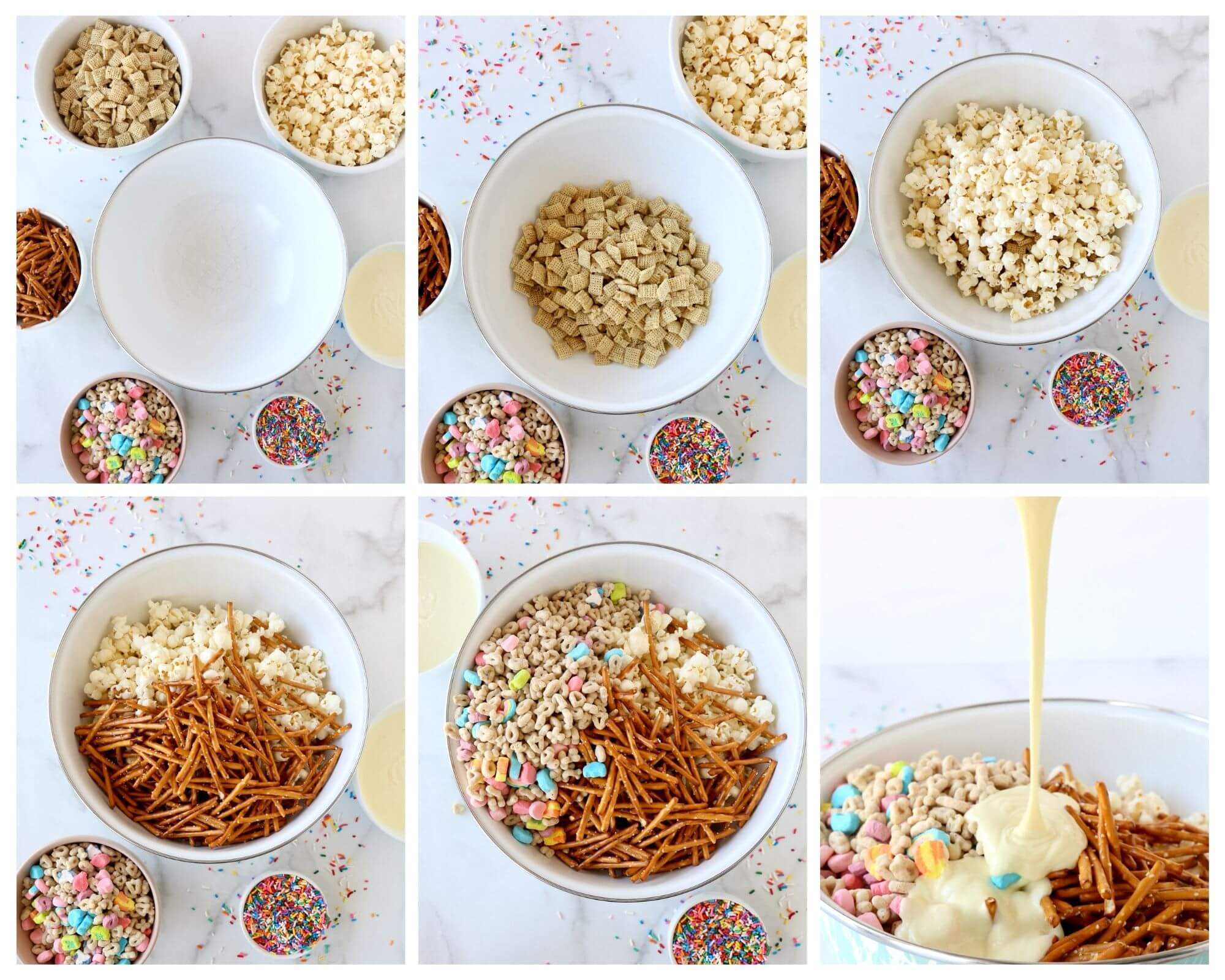 six photos showing the process to make party snack mix