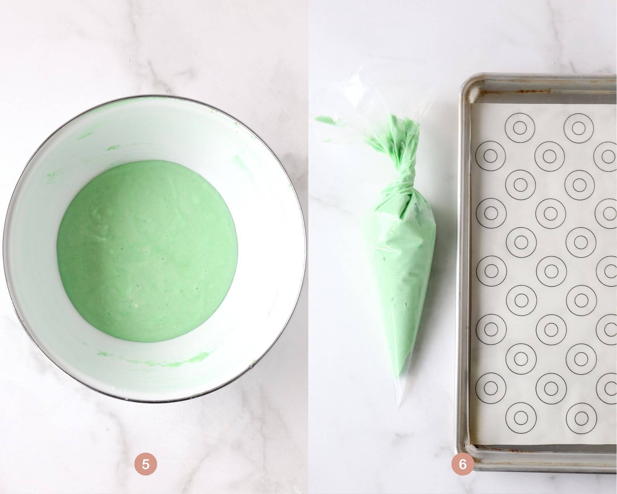 a bowl of green batter next to a sheet pan with a piping bag of green batter. 