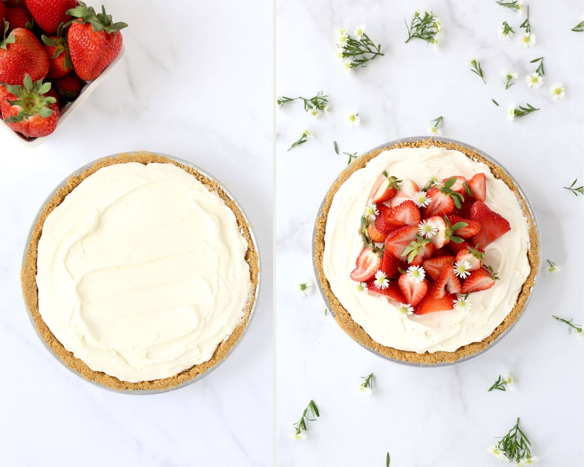 Graham cracker crust filled with whipped cheesecake next to a completed pie garnished with fresh strawberries sliced and fresh flowers.