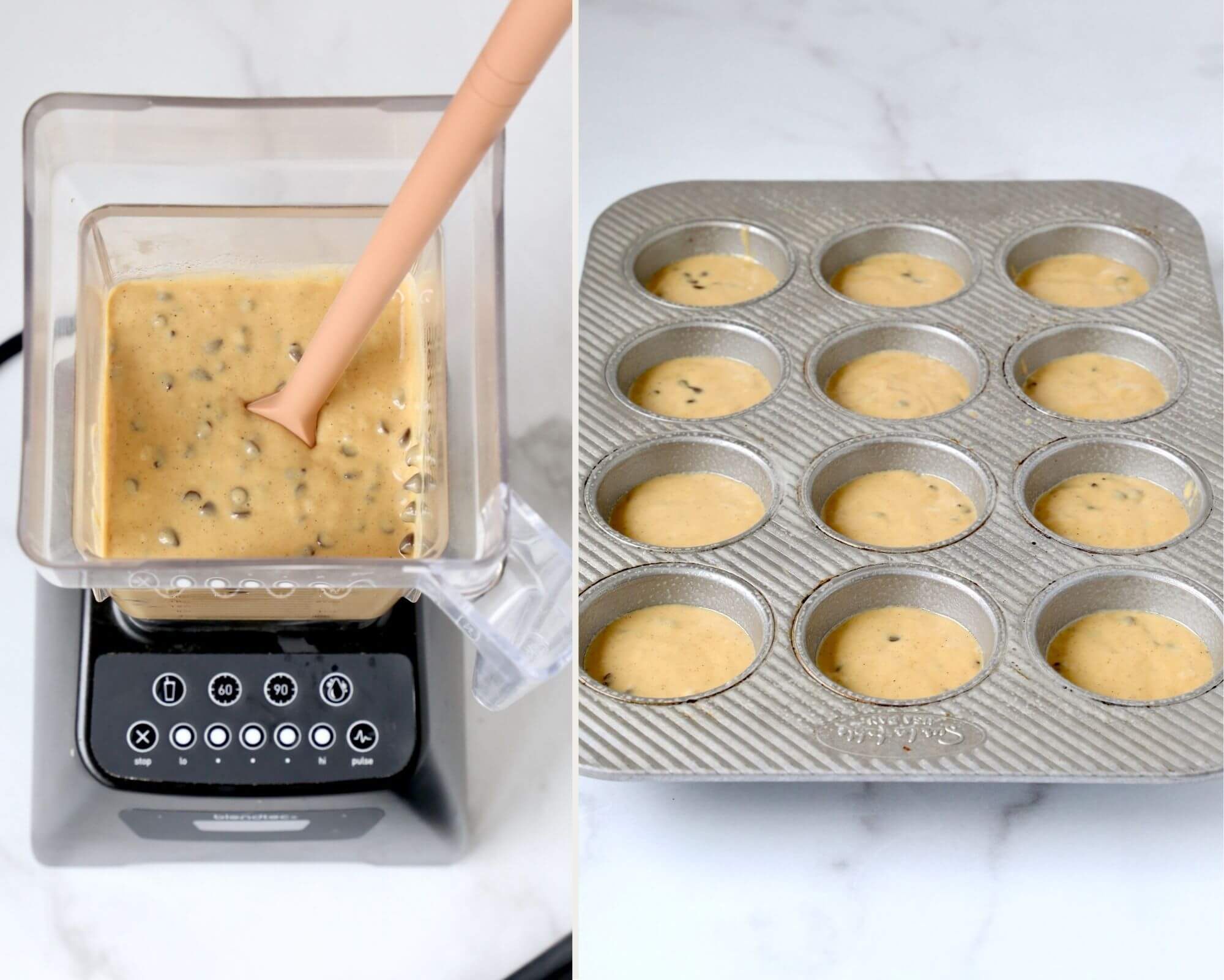 One photo showing a blender with muffin batter next to a muffin pan filled with batter. 