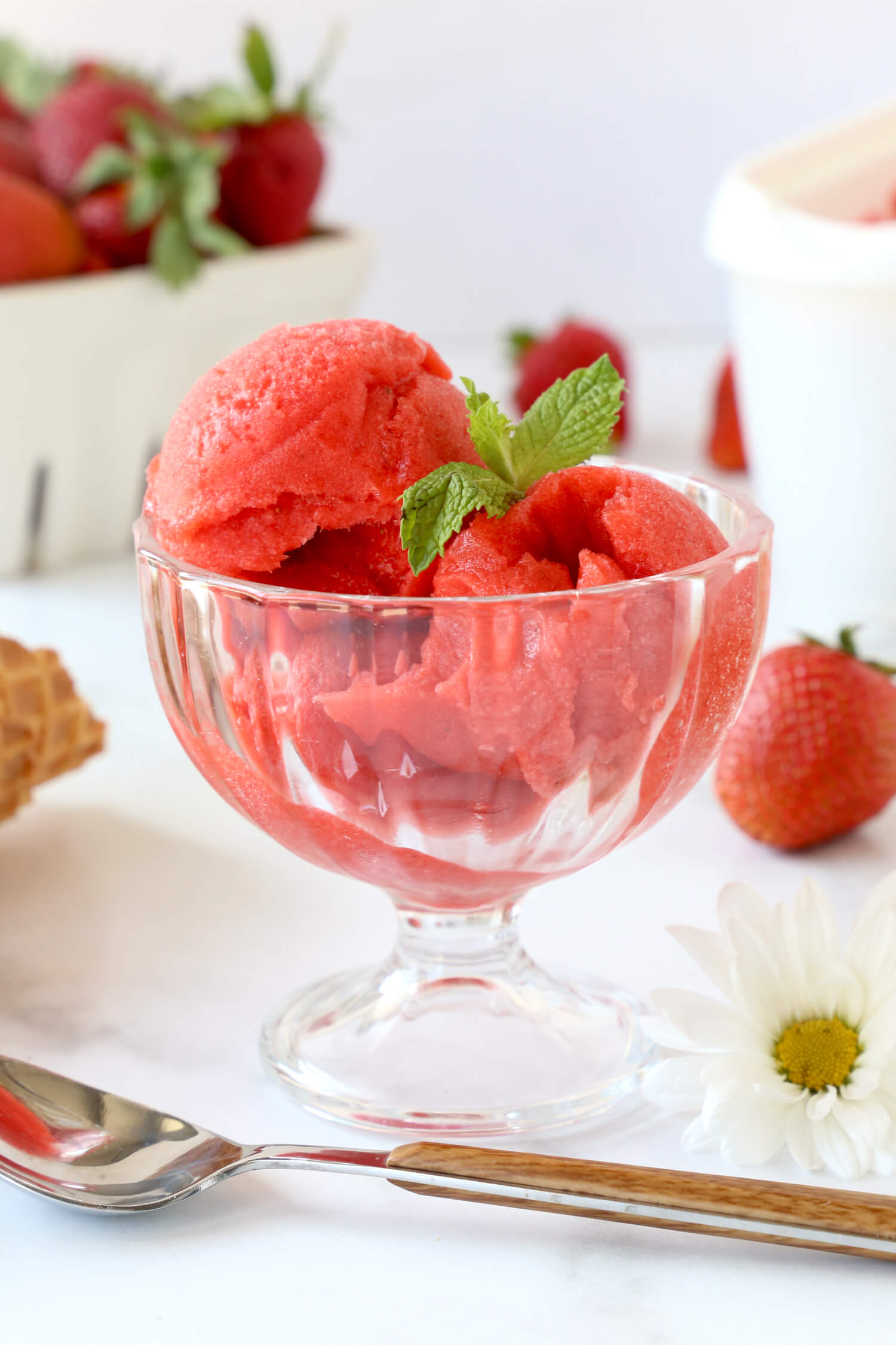 A glass bowl of three scoops of sorbet and fresh mint.