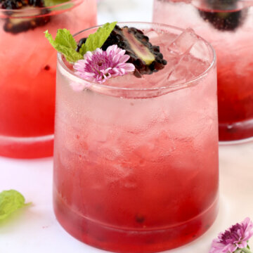 Three clear glasses filled with a red drink, blackberries, mint and a flower.