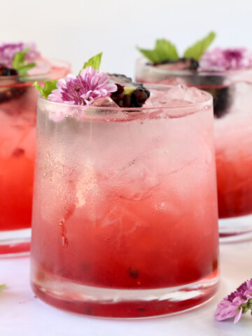 Three clear glasses filled with a red drink, blackberries, mint and a flower.