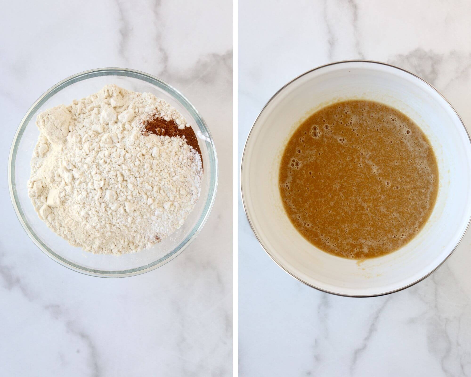 One bowl filled with dry ingredients next to a bowl with mixed wet ingredients.  