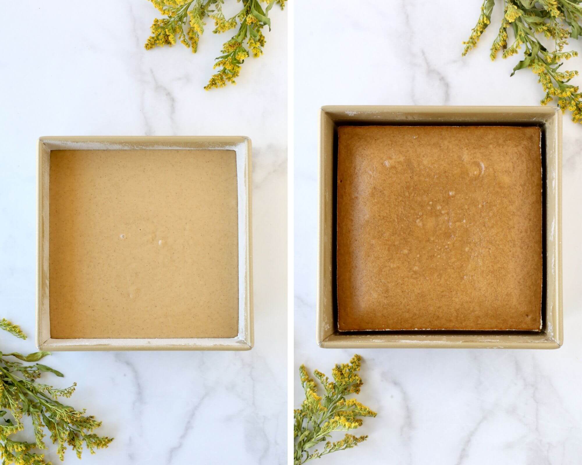 A square cake pan with raw cake batter next to a square cake pan with baked cake batter. 