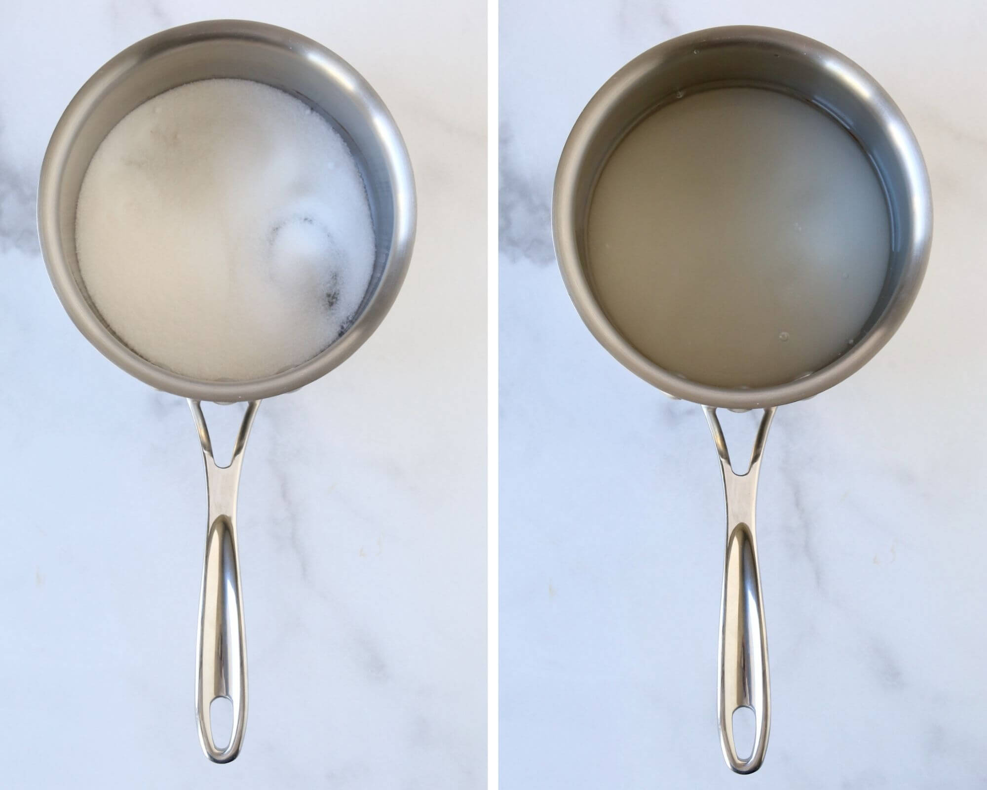 A small saucepan with granulated sugar and water.