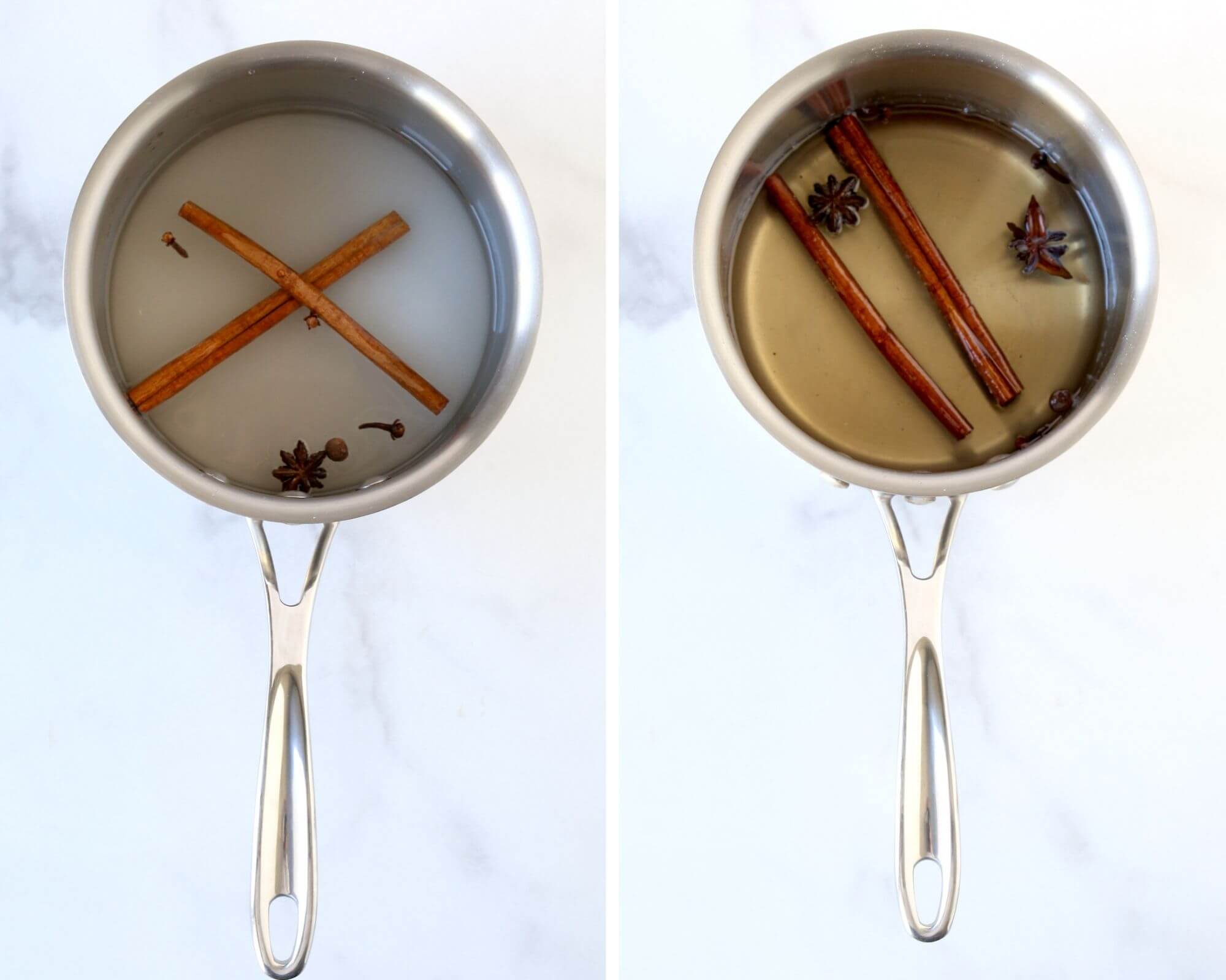 A small saucepan with granulated sugar, water, cinnamon sticks, anise and allspice.