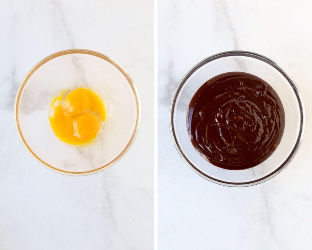 A bowl with egg yolks next to a bowl with the chocolate caramel whisked into the egg yolks. 