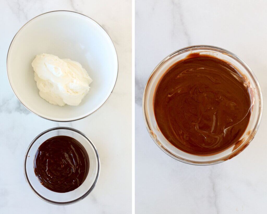 One image showing the chocolate caramel next to a bowl of whipped cream and another image showing the chocolate caramel folded into the whipped cream. 