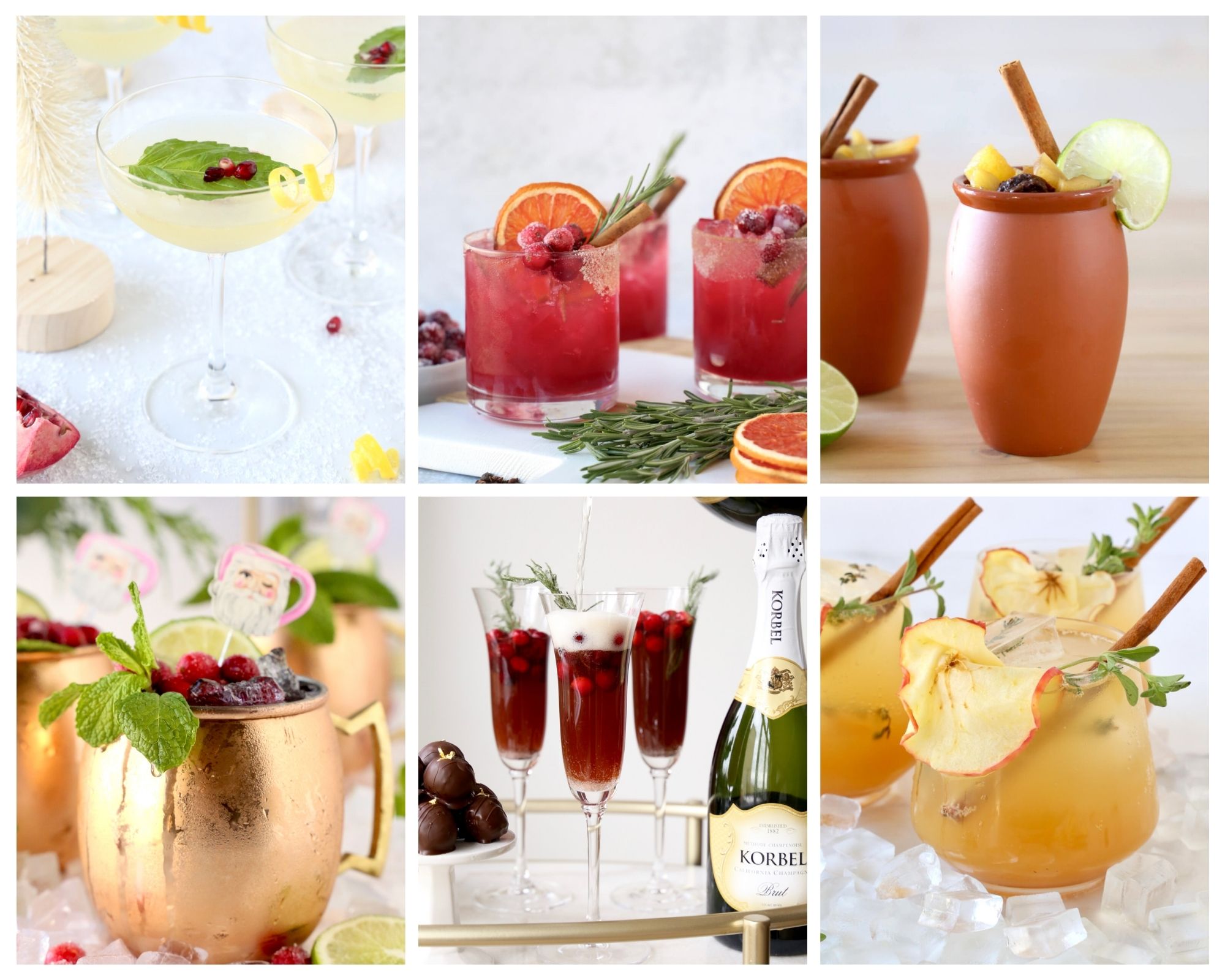 six images of different cocktails for a holiday round up. 