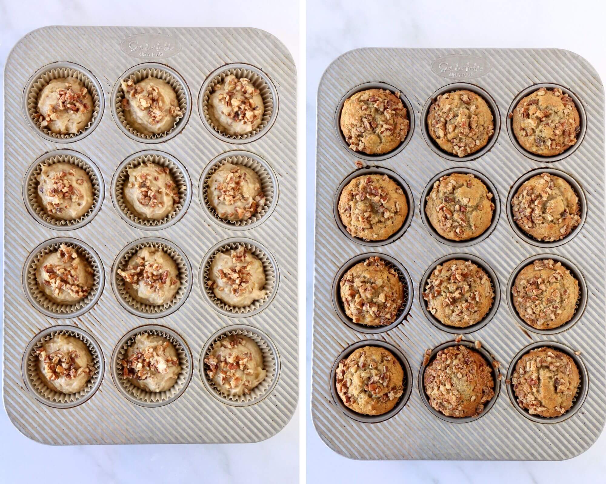 A muffin pan with paper liners filled with muffin batter next to a muffin pan with baked muffins.