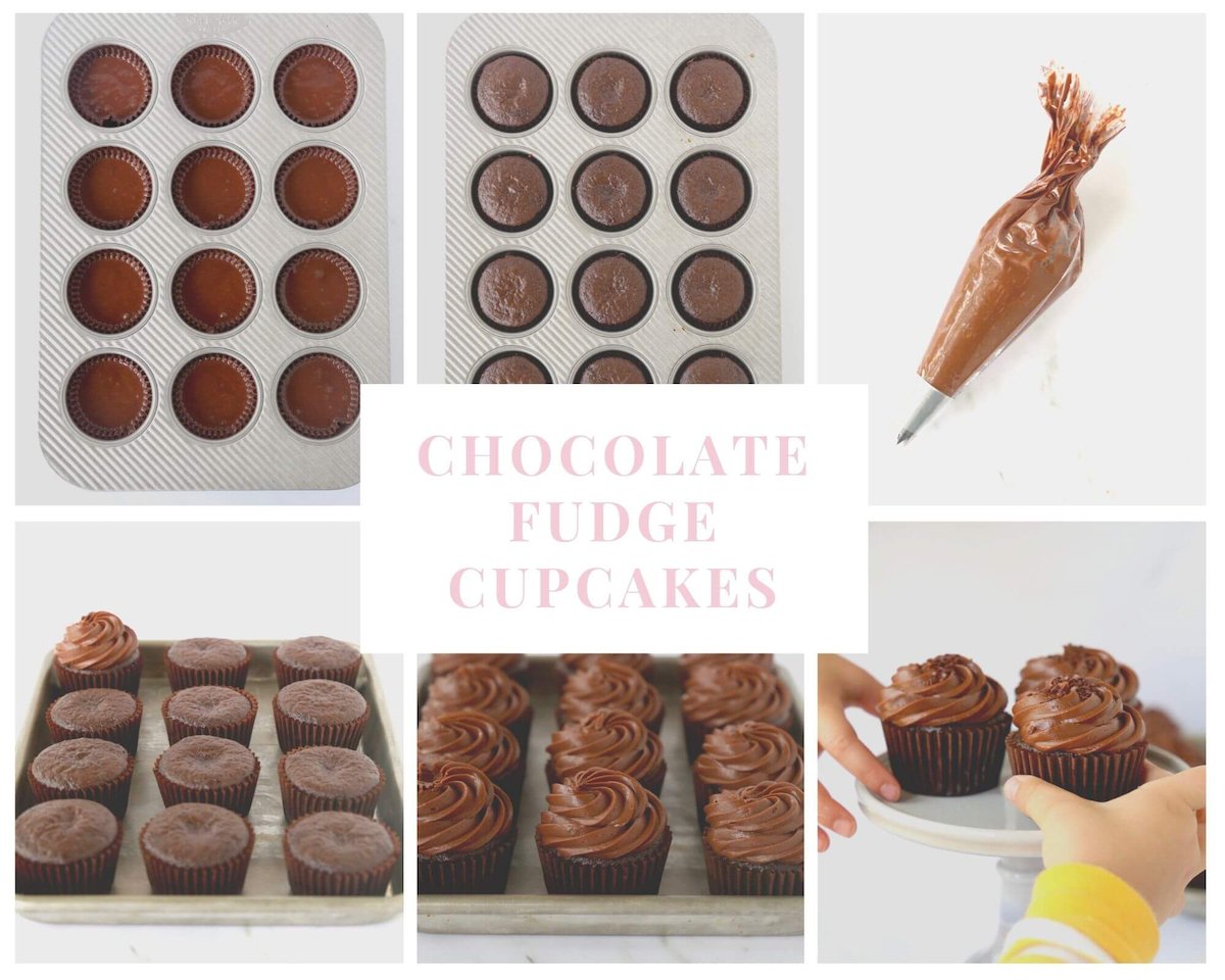 A collage of images showing how to make cupcakes.  