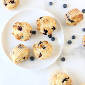 A white plate with blueberry muffins and fresh blueberries.