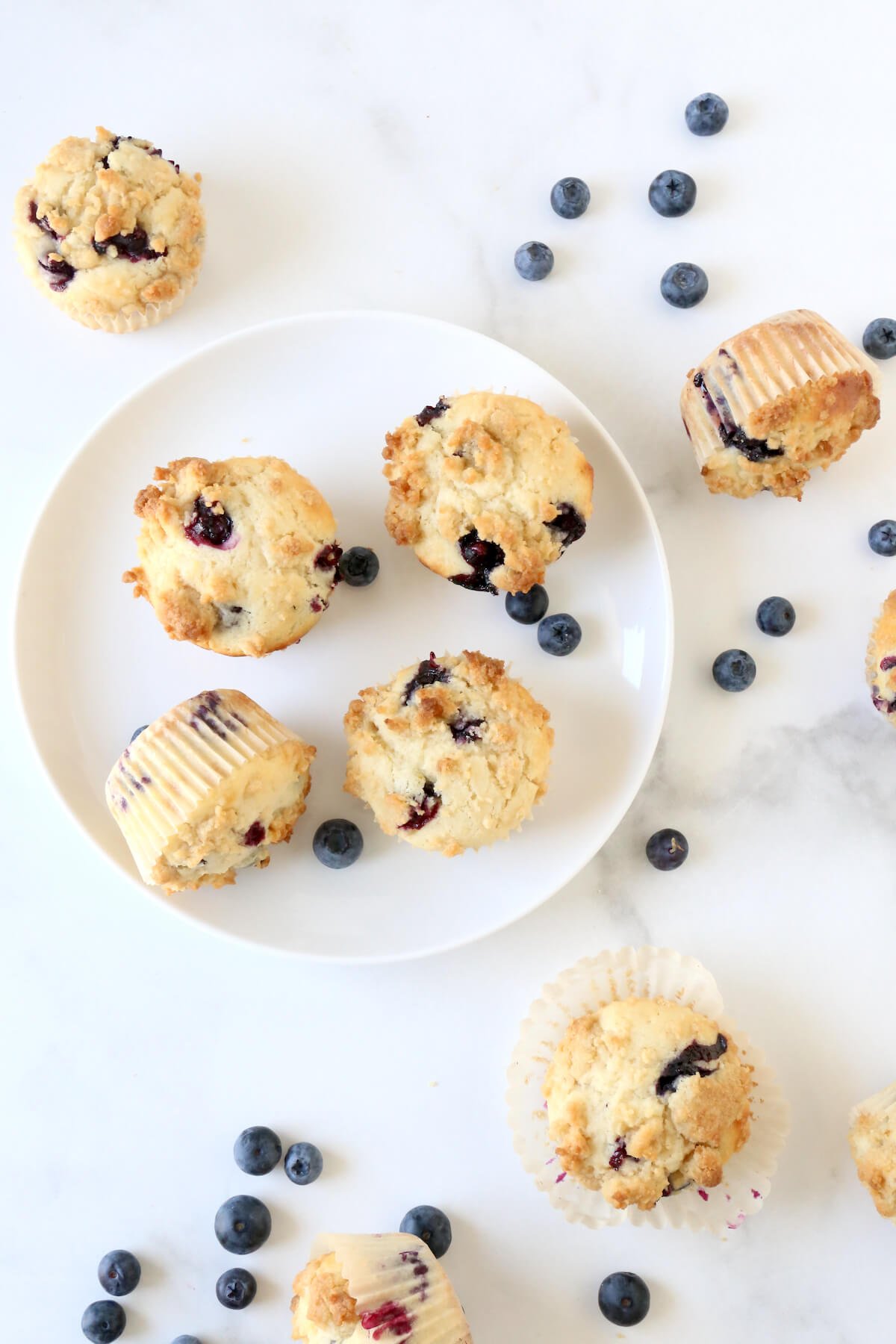 A white plate with blueberry muffins and fresh blueberries.  
