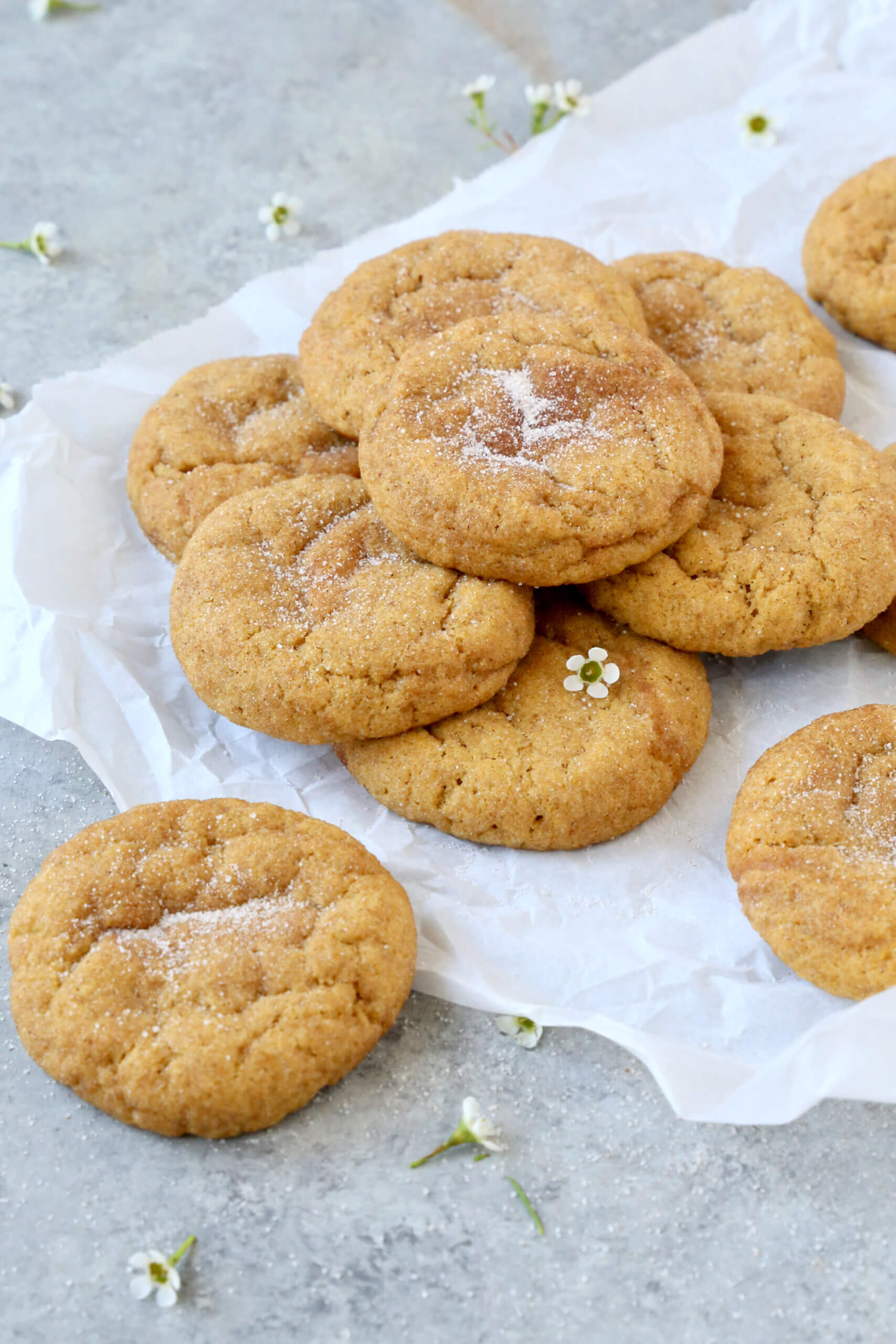 A white piece of parchment paper with eleven round light brown cookies stacked on top.