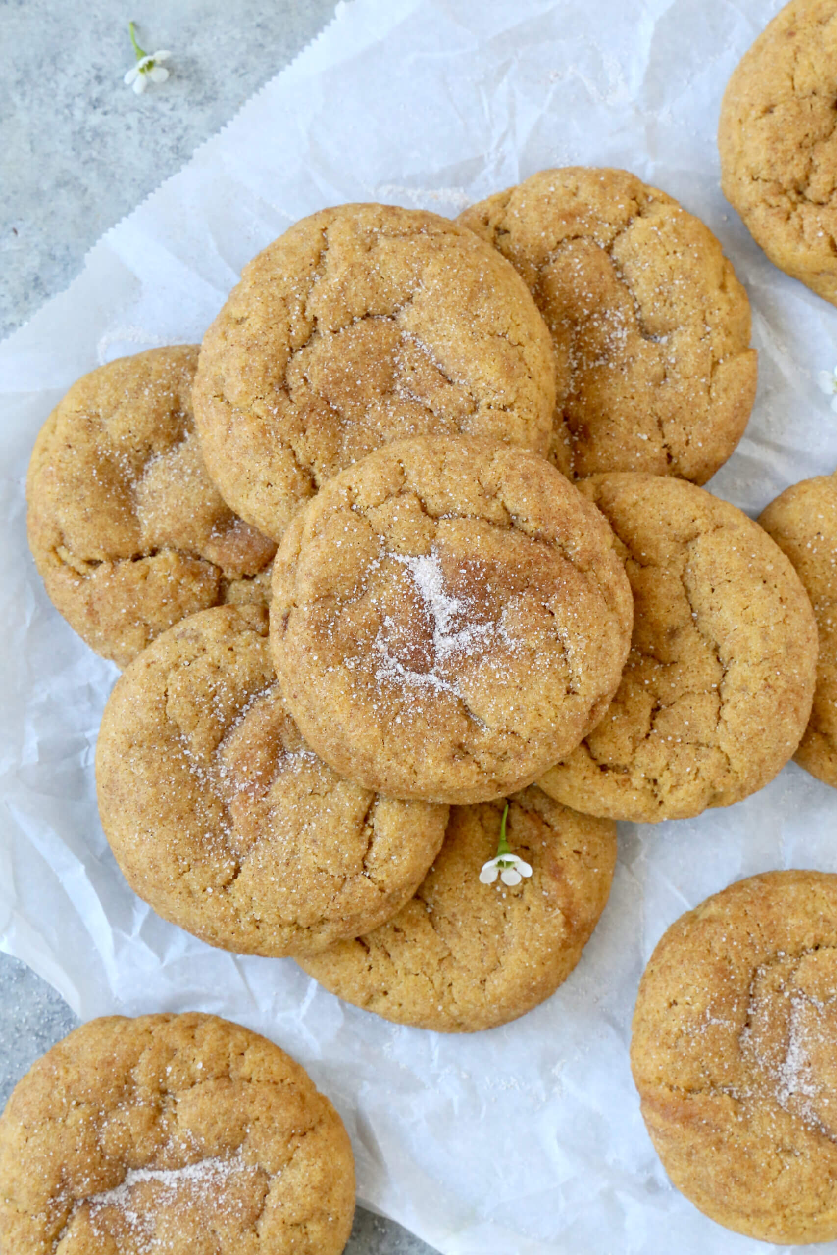 A white piece of parchment paper with eleven round light brown cookies stacked on top.  