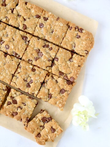 Light brown cookie bar with dark brown chocolate chips, cut into small squares with a small white flower next to it.