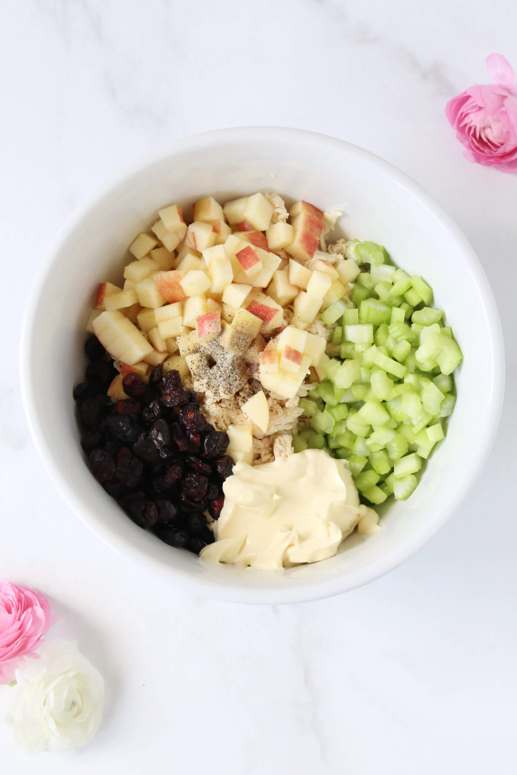 A white bowl filled with chicken, diced apples, diced celery, dried cranberries and white mayonnaise.  